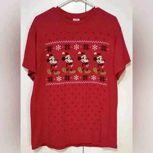 Disney Mickey Mouse Snow Christmas Short Sleeve Red Vintage T Shirt size large